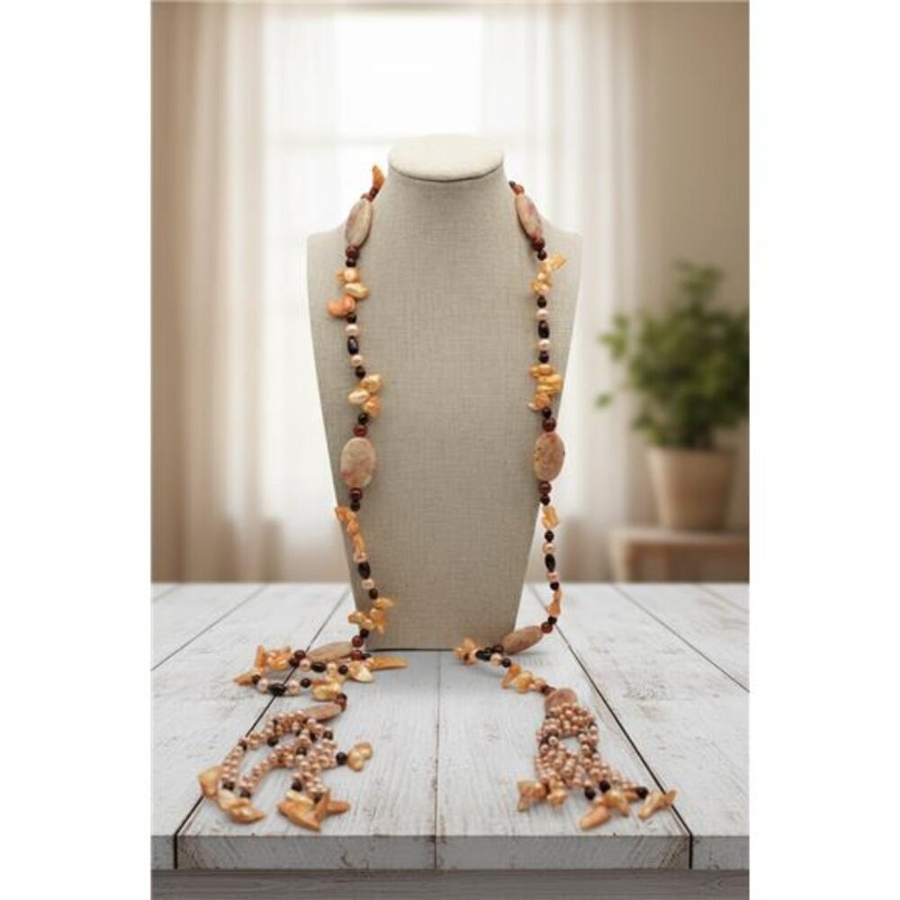 Freshwater Pearl Sunset Quartz Beaded Lariat Tassel Necklace 53 In